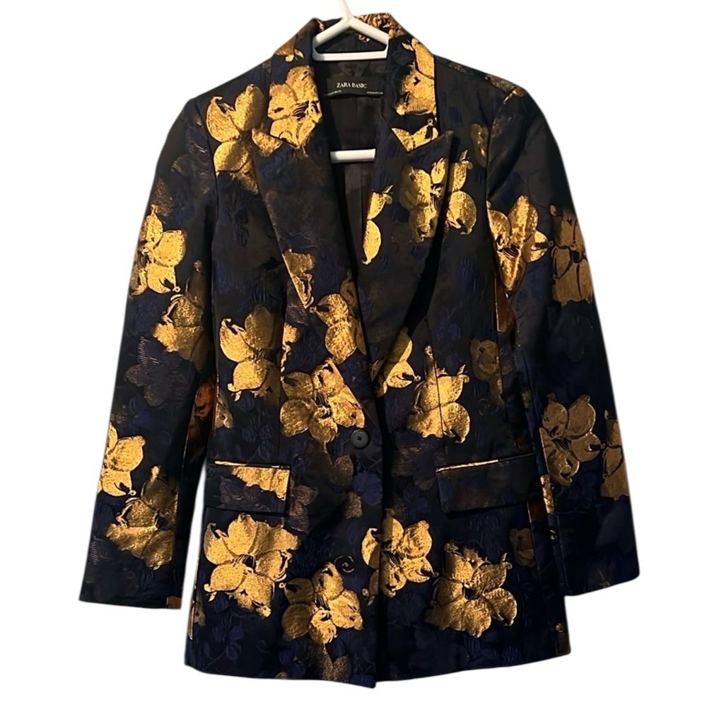 Zara Flo­ral Jacquard Blaz­er Gold Blue Women’s Size XS